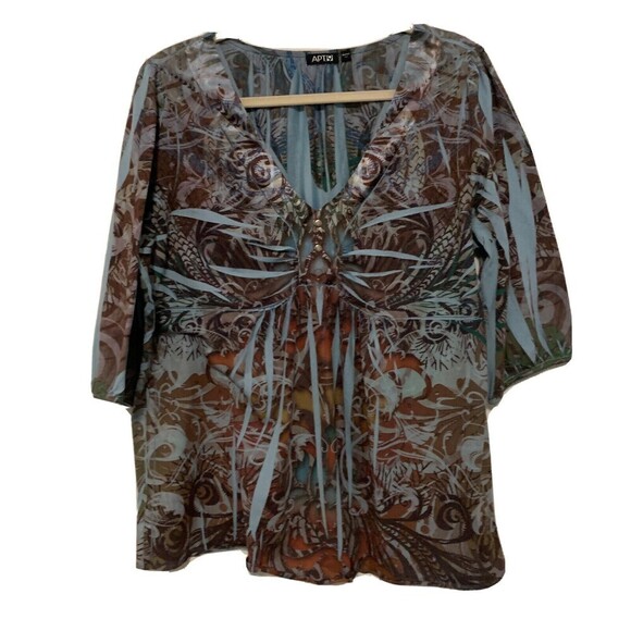 APT. 9 Womens Plus Size 3X Multicolor Boho Bohemian Print V Neck Blouse - Picture 1 of 6
